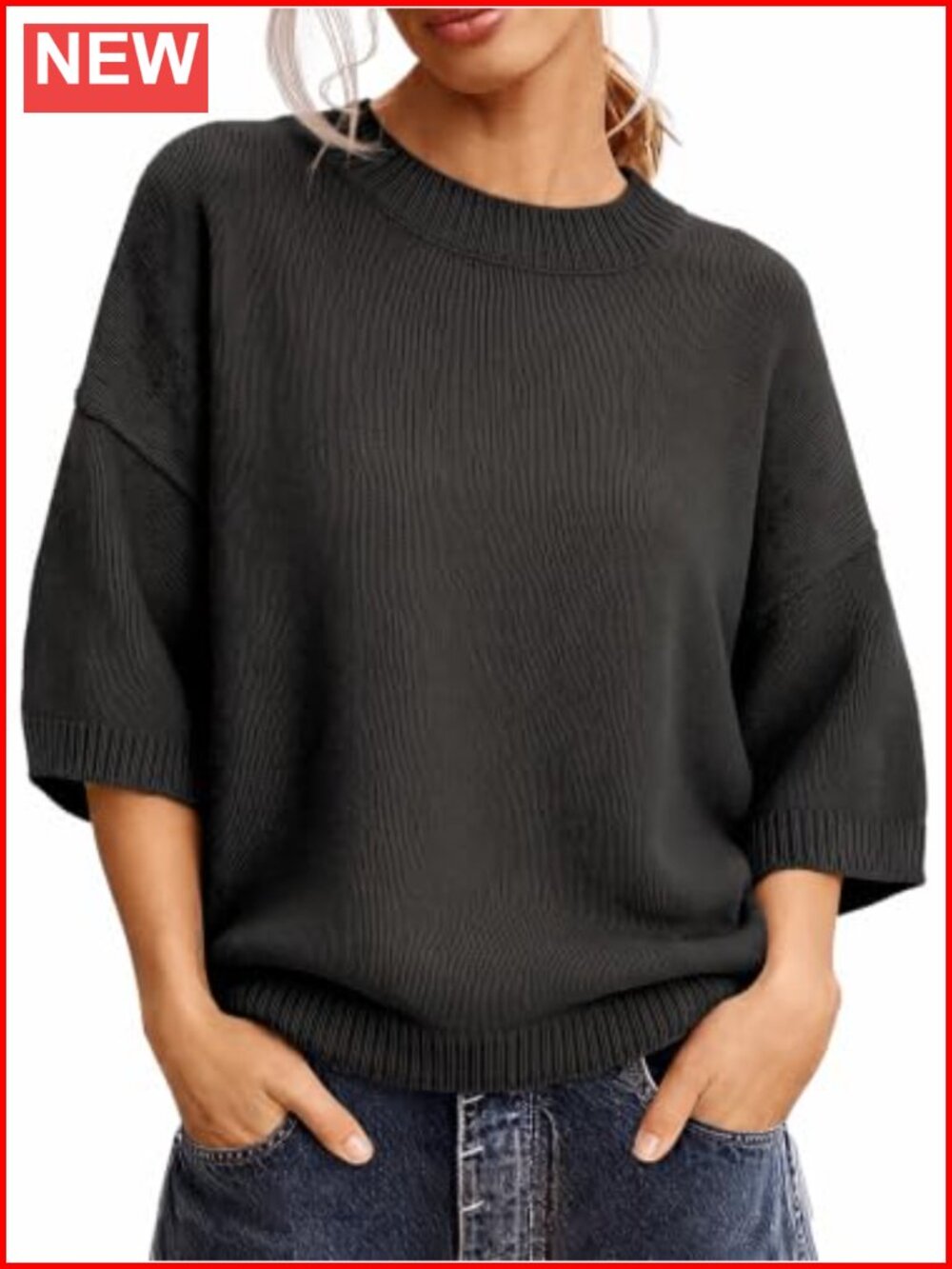 Womens Oversized Short Sleeve Knit Pullover Sweater Crew Neck